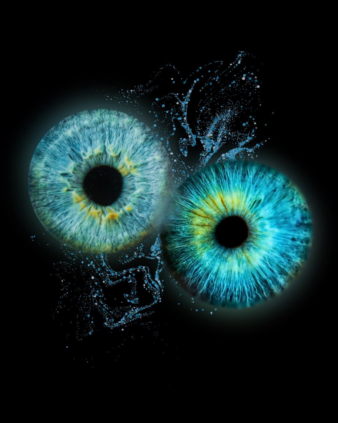 Photo d'iris bleu macro avec projections turquoise — montage artistique LYOVAPICTURES Forbach